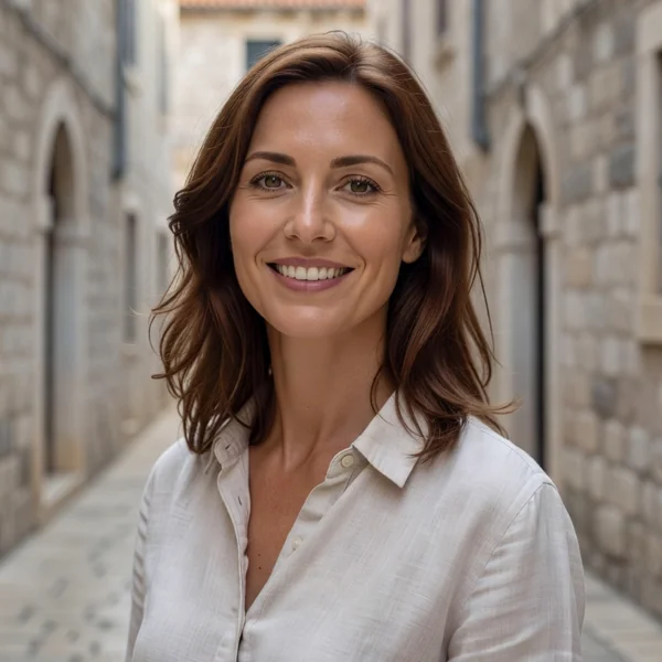 Ivana Perko, guide touristique officielle de Šibenik, souriante devant les façades de pierre de la vieille ville