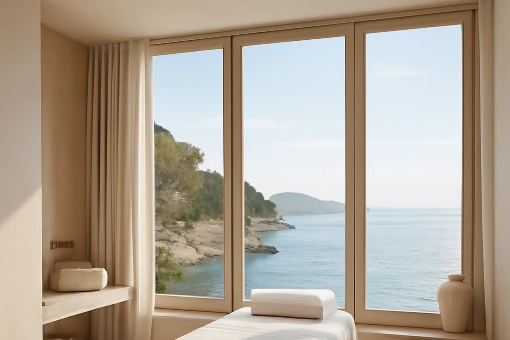 Piscine thermale extérieure chauffée en Croatie continentale entourée de collines verdoyantes au printemps