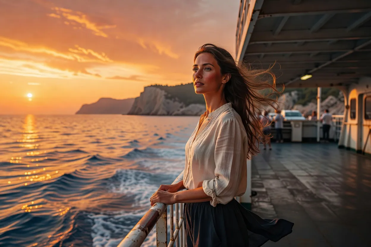Voyageuse sur le pont extérieur d'un ferry traversant l'Adriatique au coucher du soleil, côte croate en arrière-plan