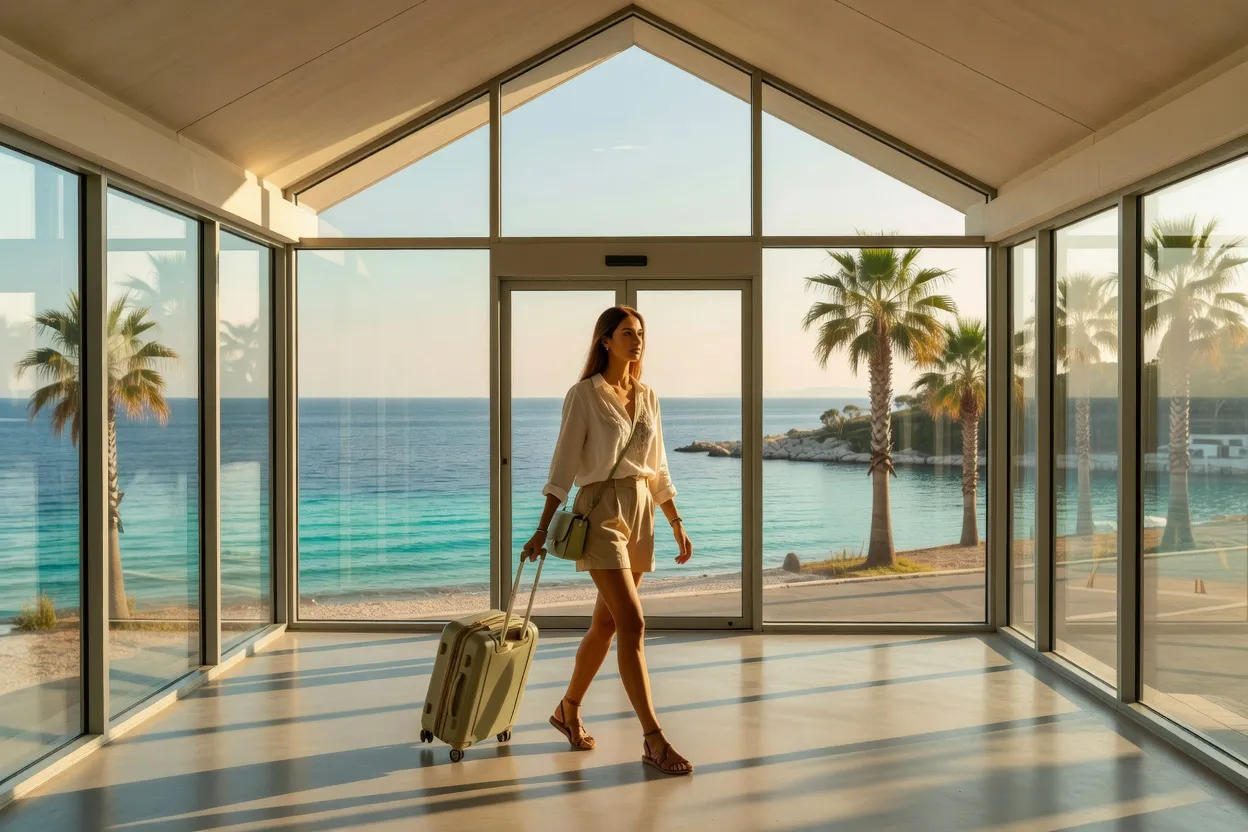 Voyageuse traversant le hall d'arrivée d'un petit aéroport côtier croate, palmiers et Adriatique visibles derrière les baies vitrées