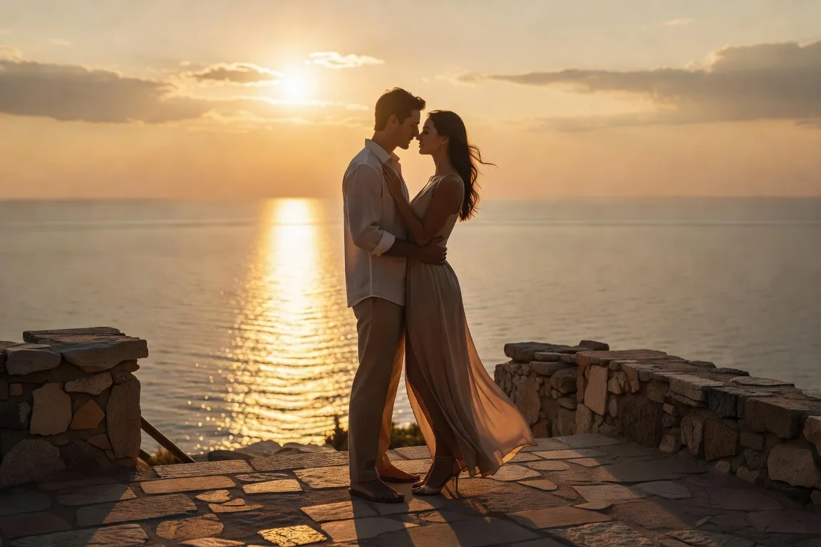 Couple européen enlacé face au coucher de soleil sur la mer Adriatique depuis une terrasse