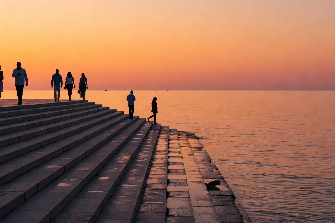 Orgue marin de Zadar au coucher du soleil avec les eaux de l'Adriatique et les marches de marbre
