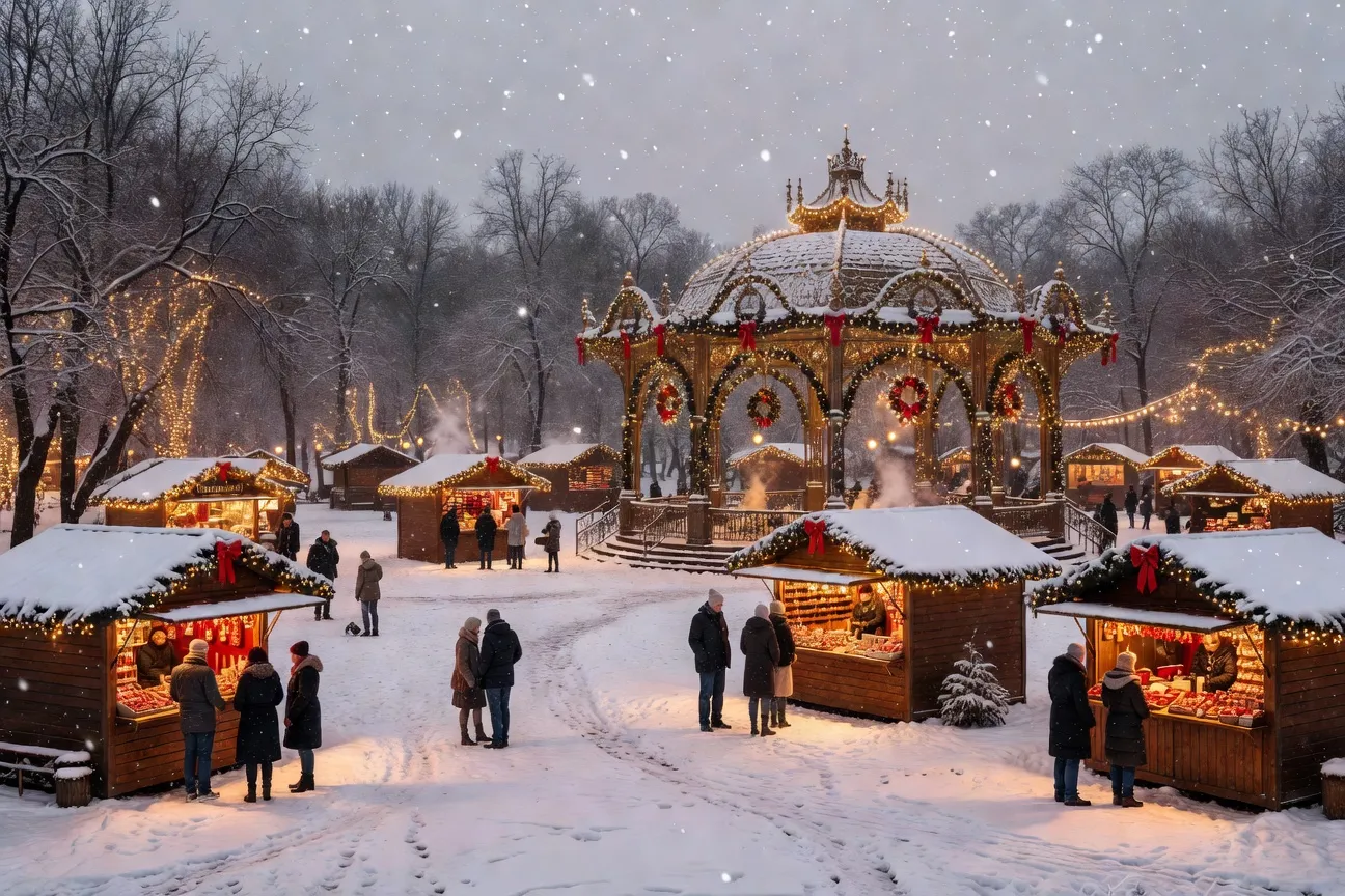 Marché de Noël artisanal sur le parc Zrinjevac à Zagreb sous la neige