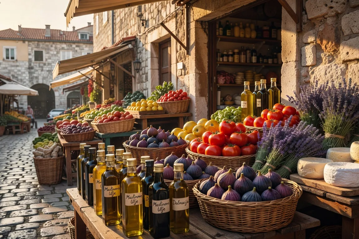 Marché croate traditionnel avec huile d'olive, fruits et légumes frais