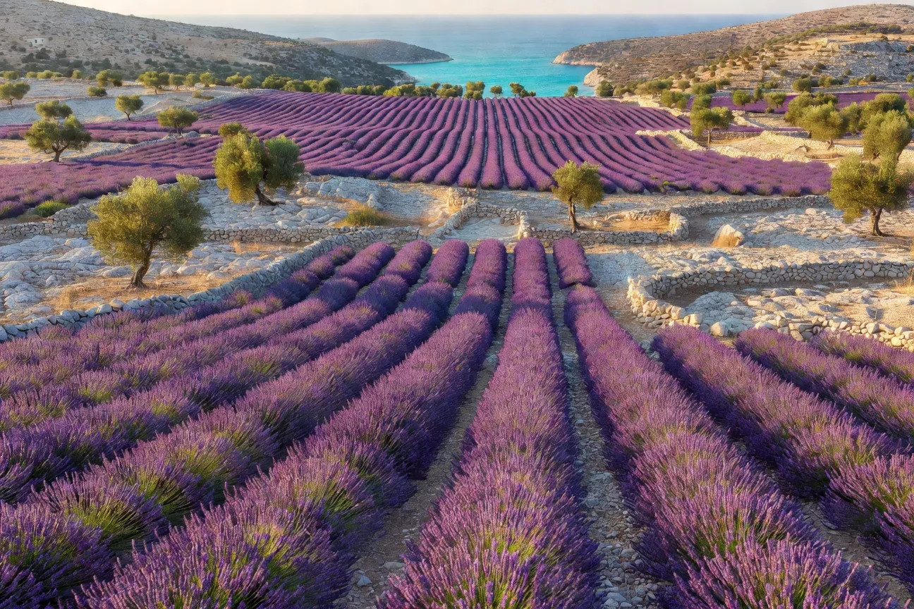 Champs de lavande en fleurs sur les hauteurs de Hvar avec collines et mer Adriatique au loin