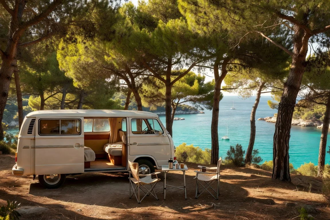 Camping-car avec vue mer garé sous des pins dans un camping croate en Dalmatie
