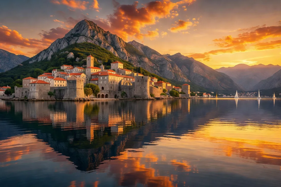 Baie de Kotor au Montenegro au coucher du soleil