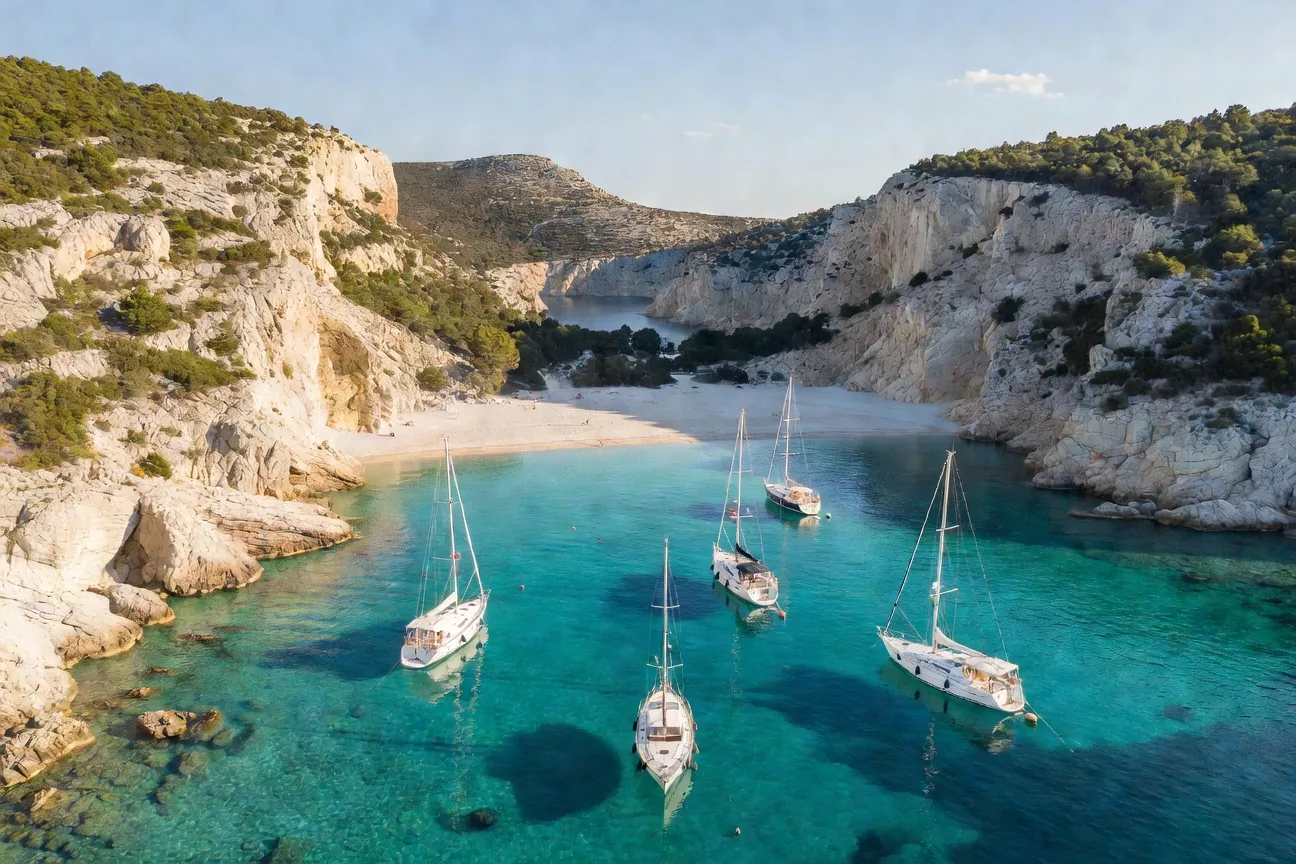 Voiliers ancrés dans la baie de Stiniva sur l'île de Vis avec eaux turquoise et falaises blanches