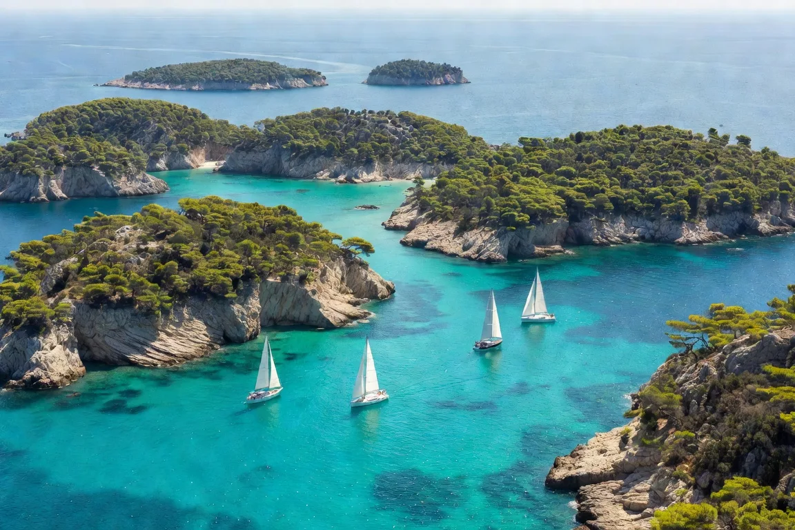 Vue aerienne d'un archipel croate avec voiliers dans l'Adriatique