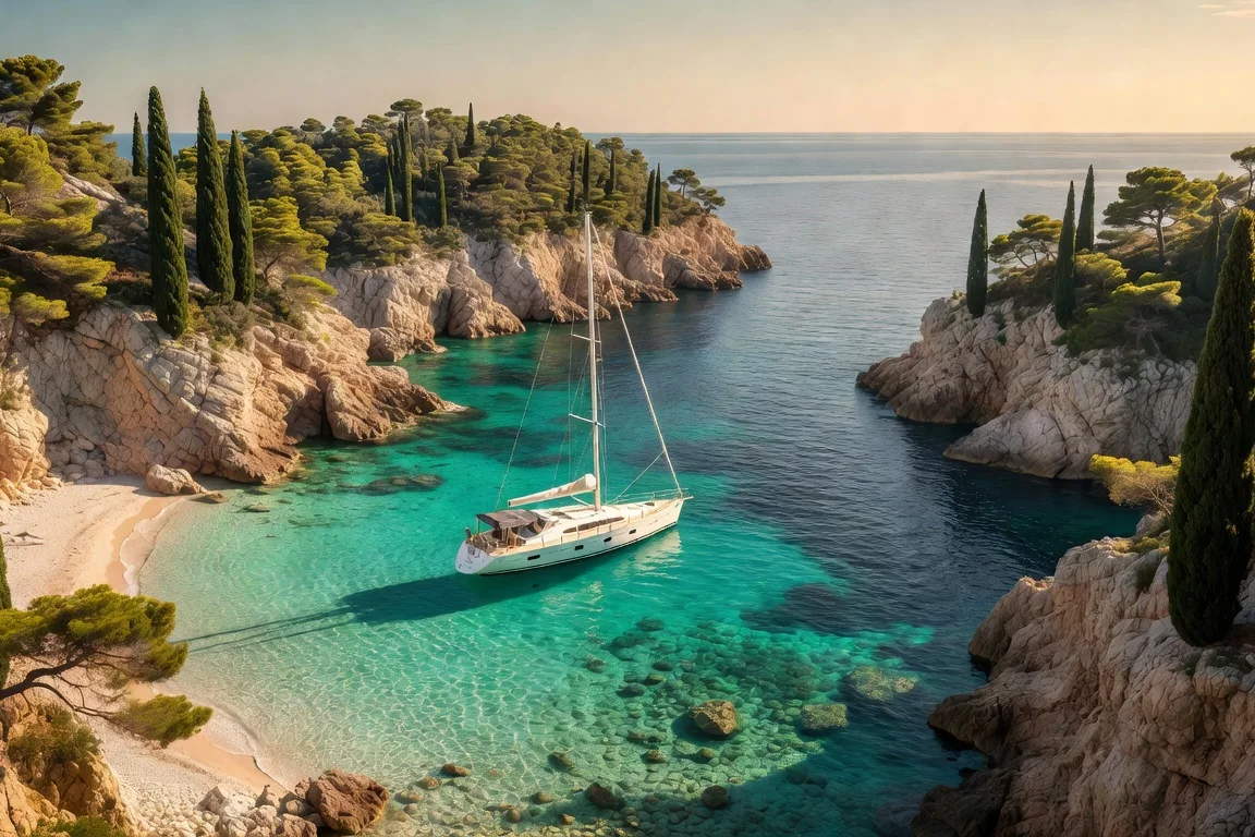 Voilier ancré au large des îles Elaphites avec eaux turquoise et cyprès