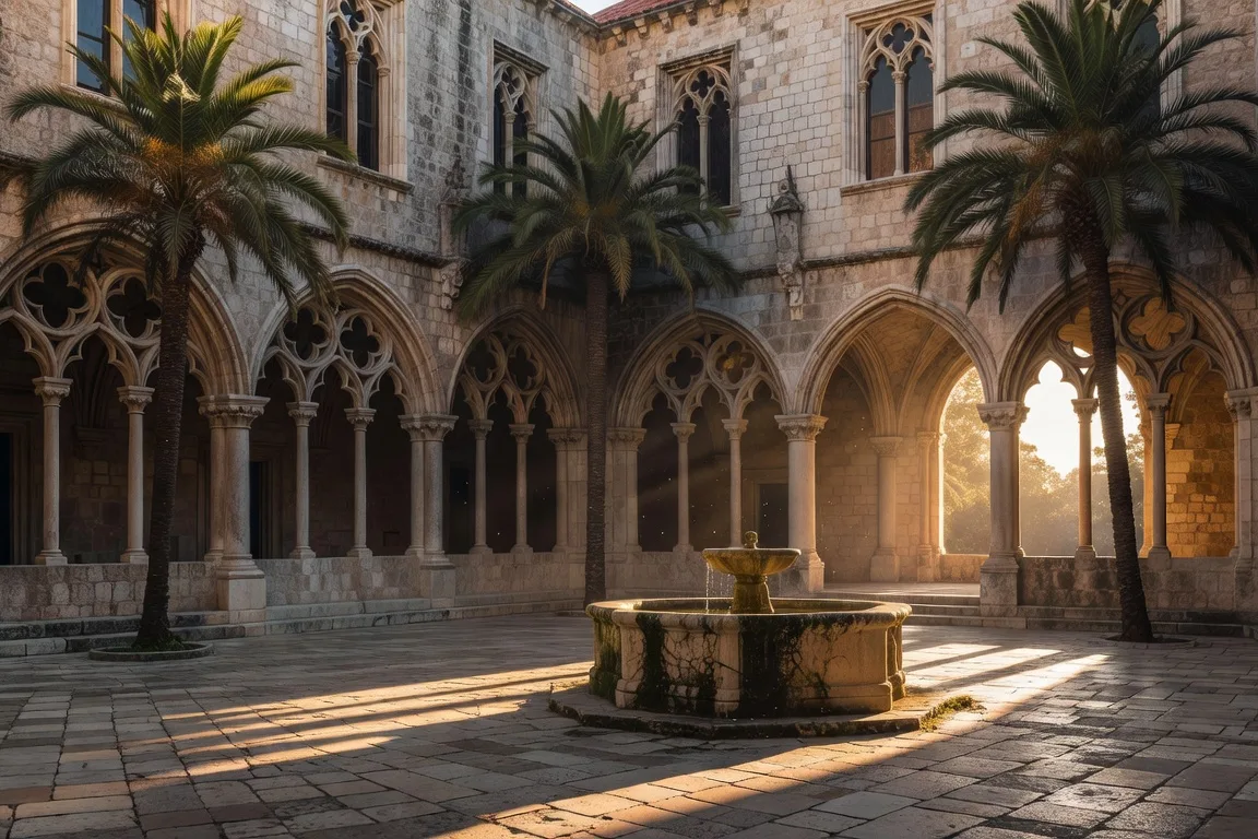 Cloitre du monastere franciscain de Dubrovnik avec palmiers