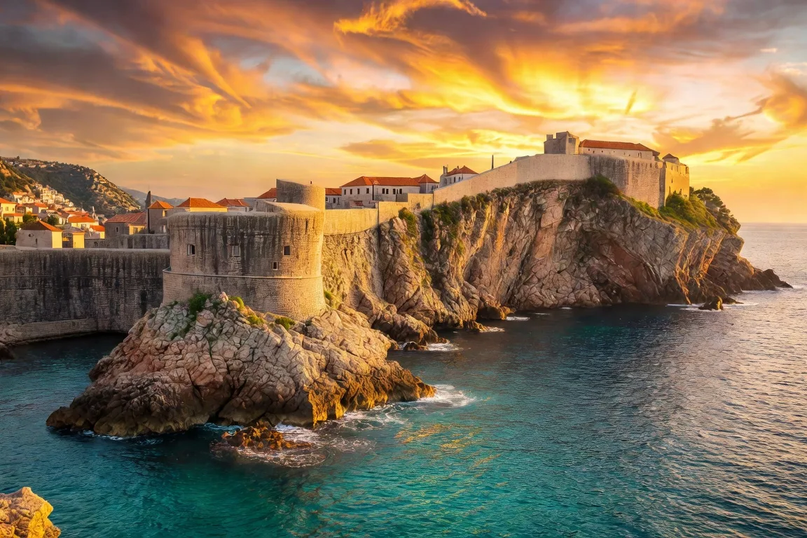 Remparts de Dubrovnik et Fort Lovrijenac vus depuis la mer au coucher du soleil