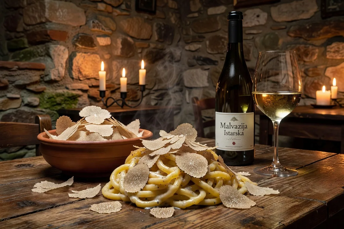 Pates aux truffes blanches d'Istrie avec vin Malvazija