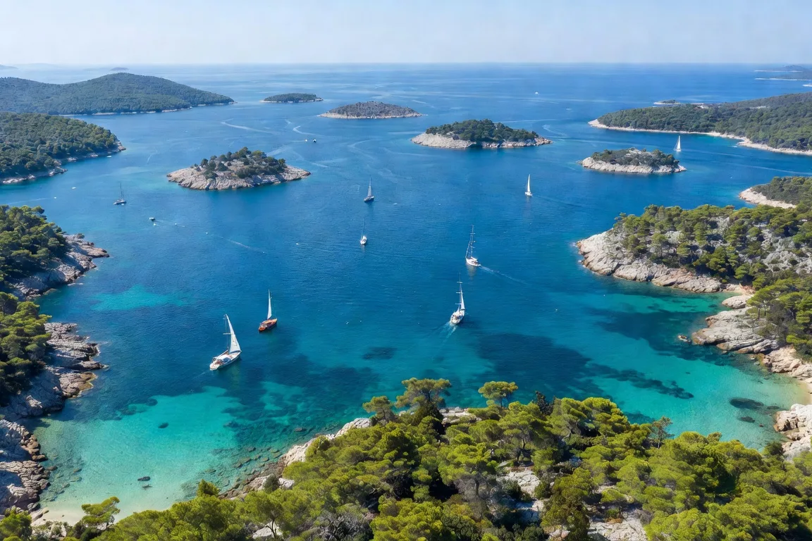Vue aerienne de la cote adriatique avec iles et voiliers