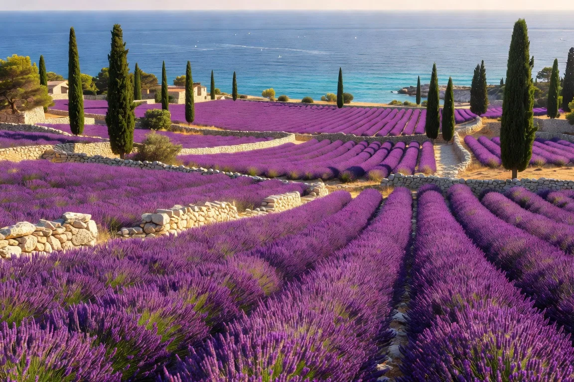 Champs de lavande en fleurs sur l'ile de Hvar au coucher du soleil