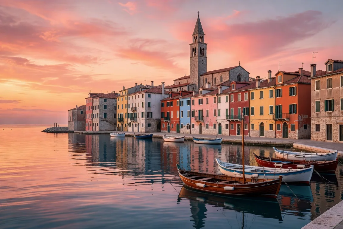 Port de Rovinj au crepuscule avec la basilique Sainte-Euphemie