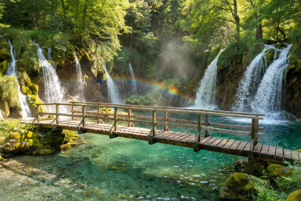 Passerelle en bois sur eau turquoise entre les lacs de Plitvice
