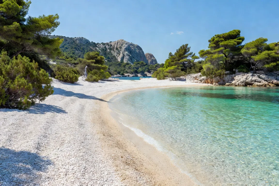 Plage de galets blancs bordée de pins sur une île croate avec eau turquoise