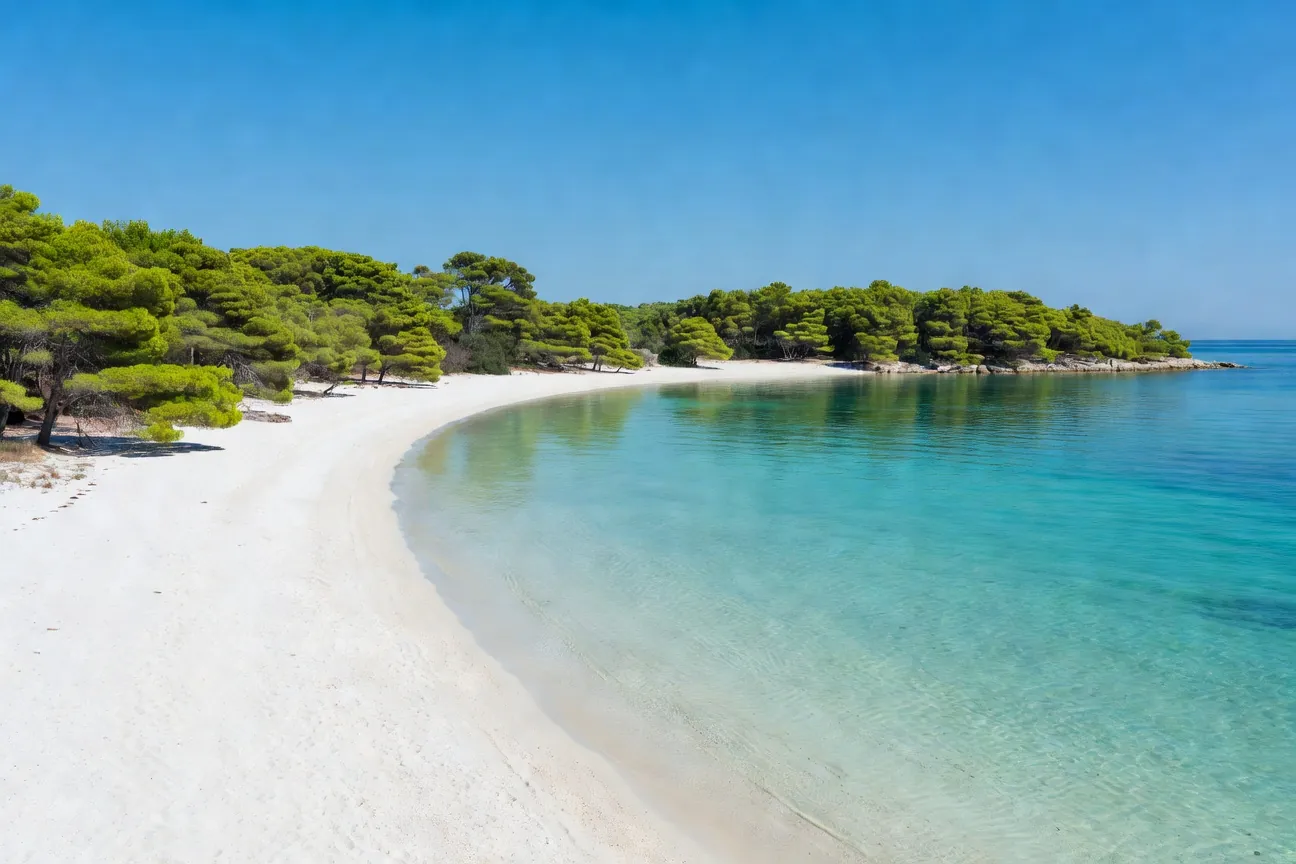 Plage Sakarun sur l'île de Dugi Otok avec son sable blanc et ses eaux turquoise peu profondes