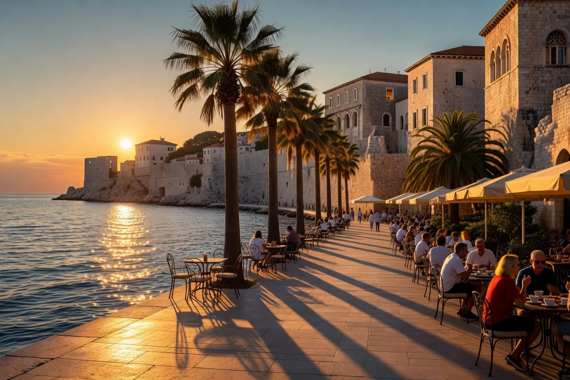 Promenade Riva de Split au coucher du soleil avec palmiers