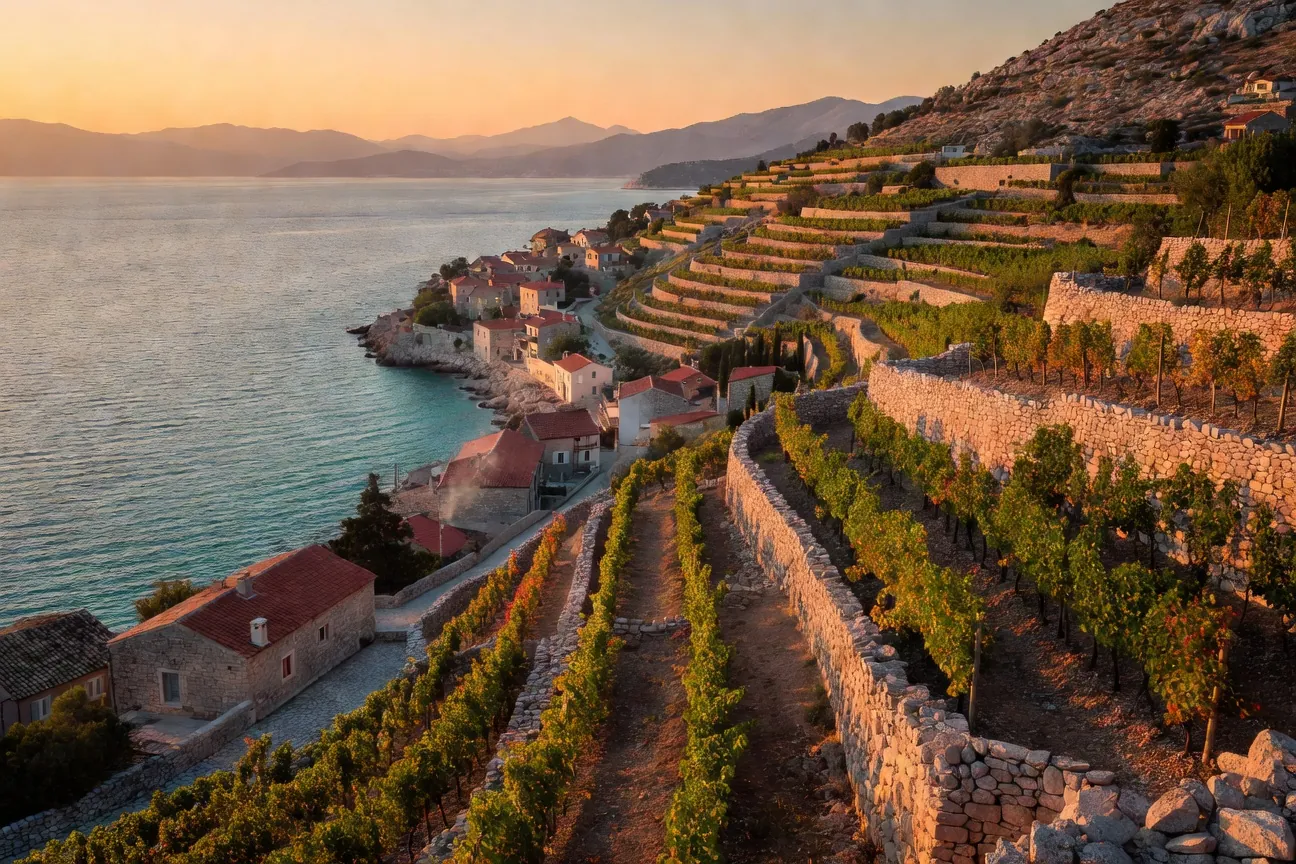 Vignes en terrasses sur la péninsule de Pelješac avec vue sur la mer Adriatique au coucher du soleil