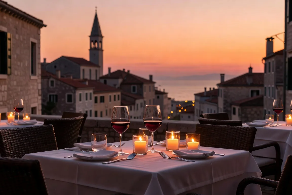 Terrasse de restaurant romantique face à la vieille ville de Rovinj en Istrie au crépuscule