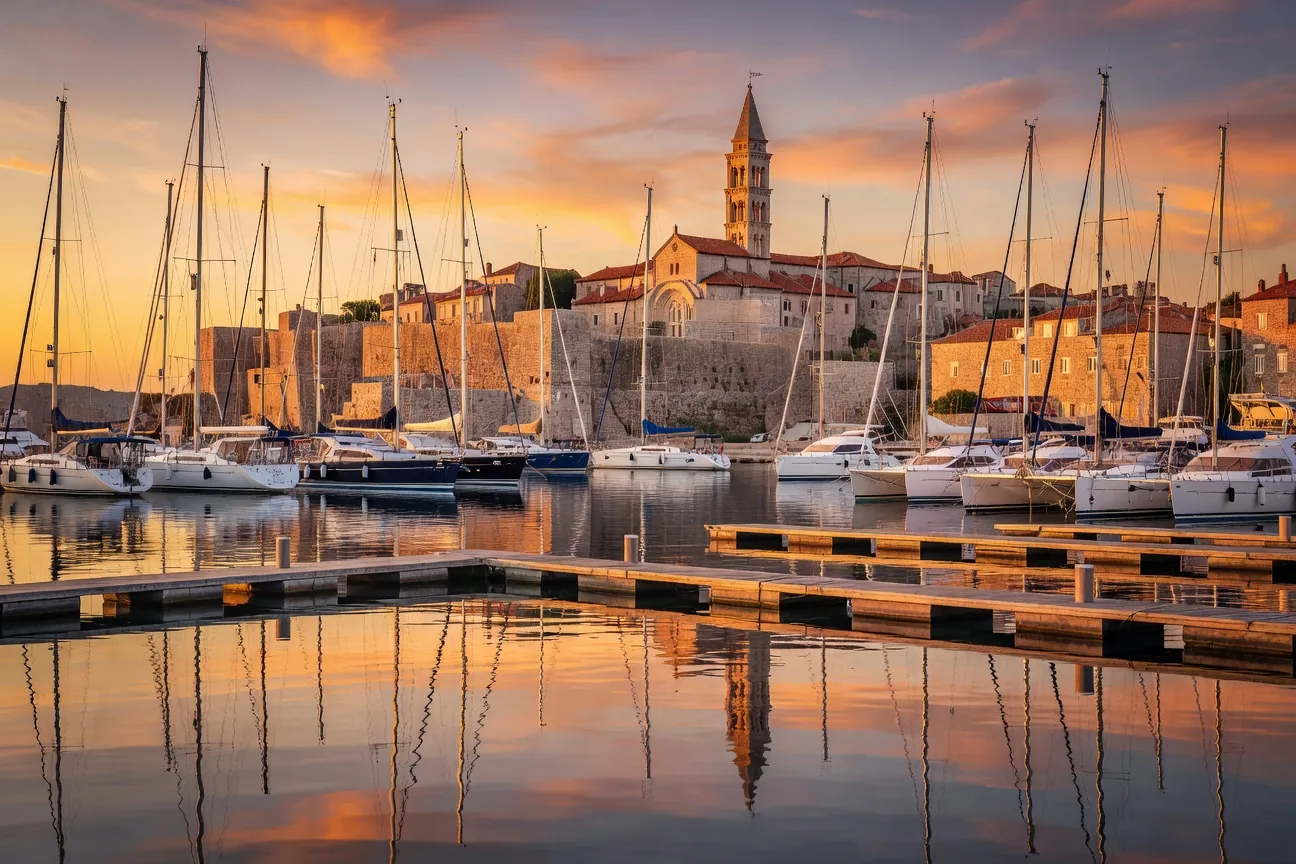 Marina de Trogir au coucher du soleil avec voiliers et catamarans amarrés et la cathédrale en arrière-plan