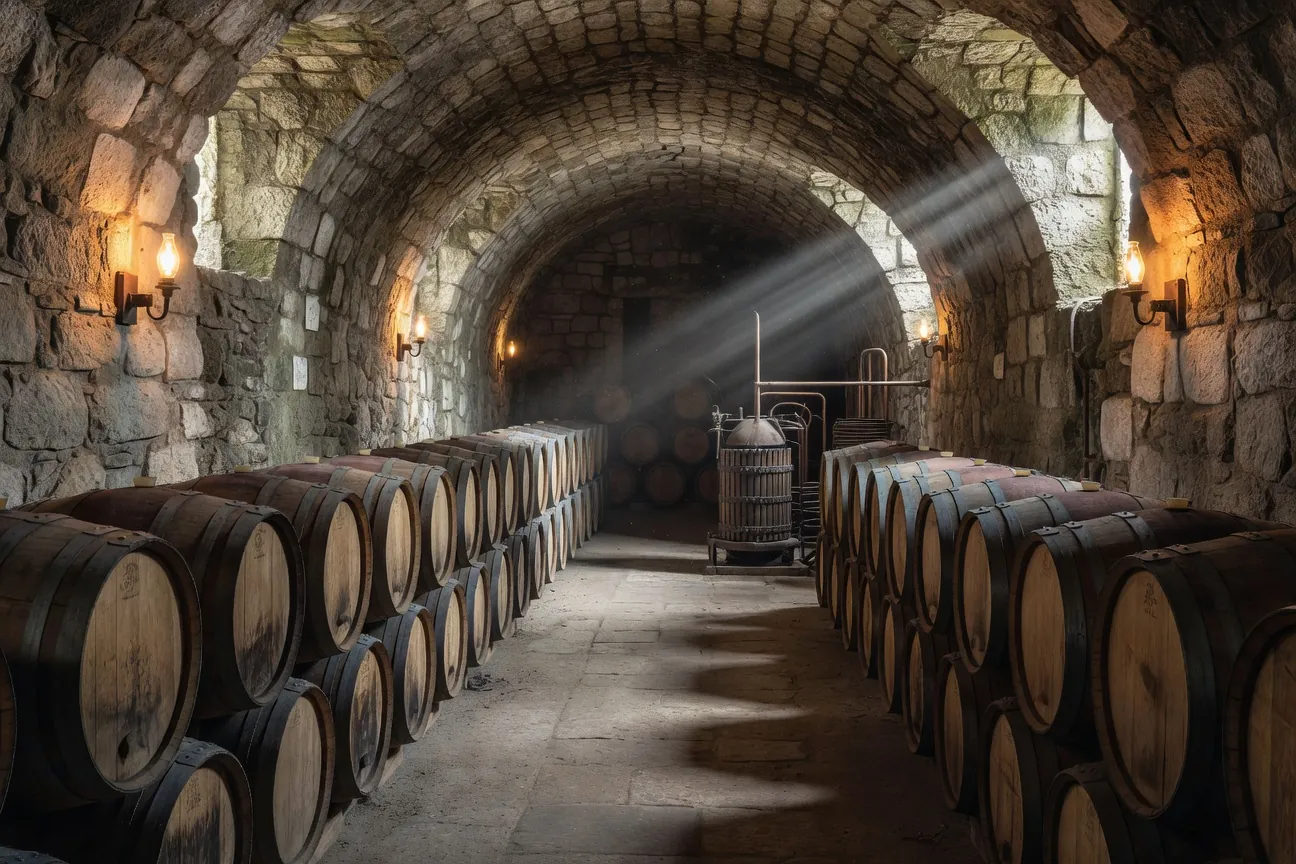 Cave à vin traditionnelle croate avec rangées de fûts en chêne sous voûtes en pierre, ambiance vinification artisanale